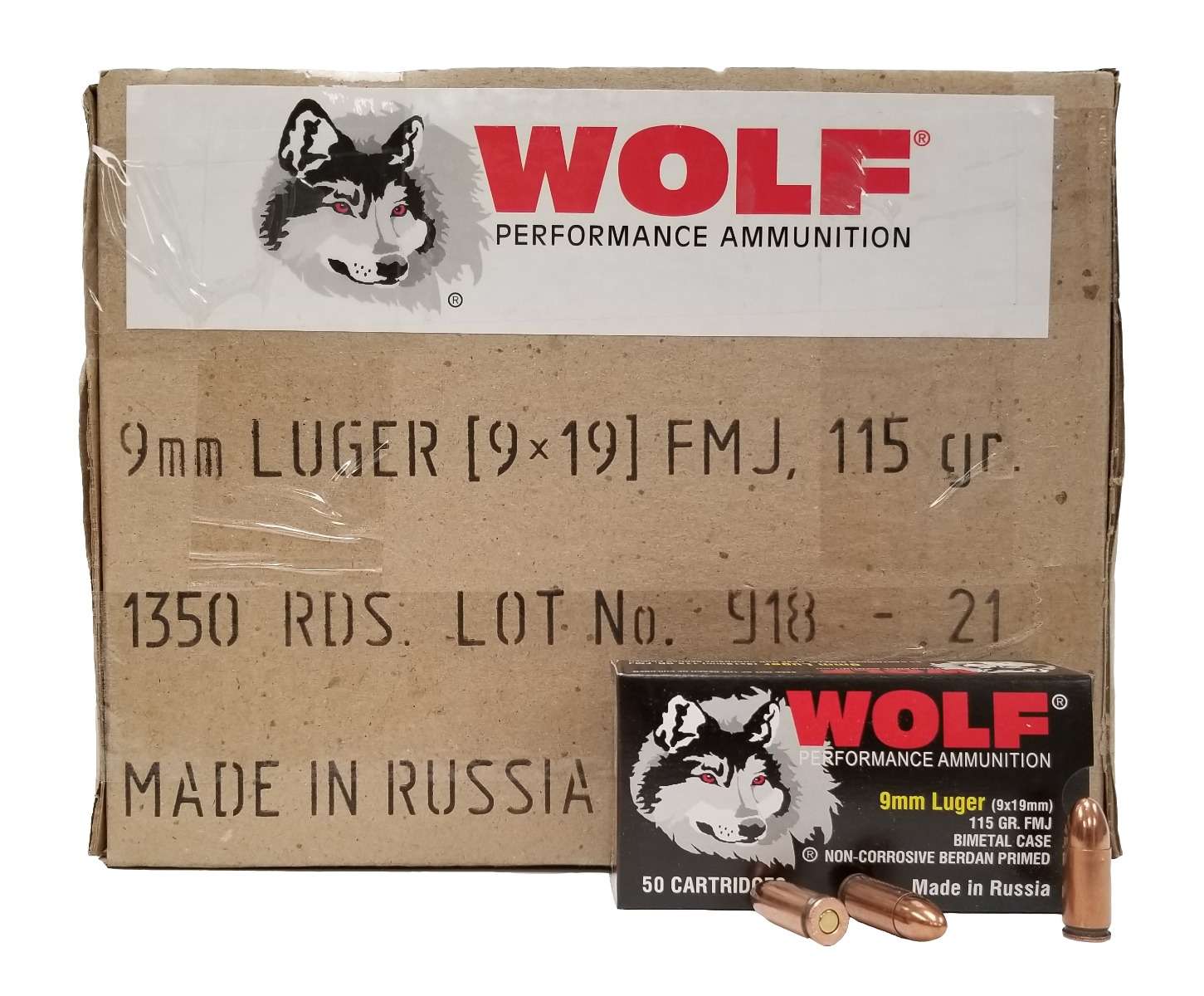 Wolf Bi-Metal Case 9mm Luger Handgun Ammo- 115 Grain | FMJ | *1350rd Case* - Wolf