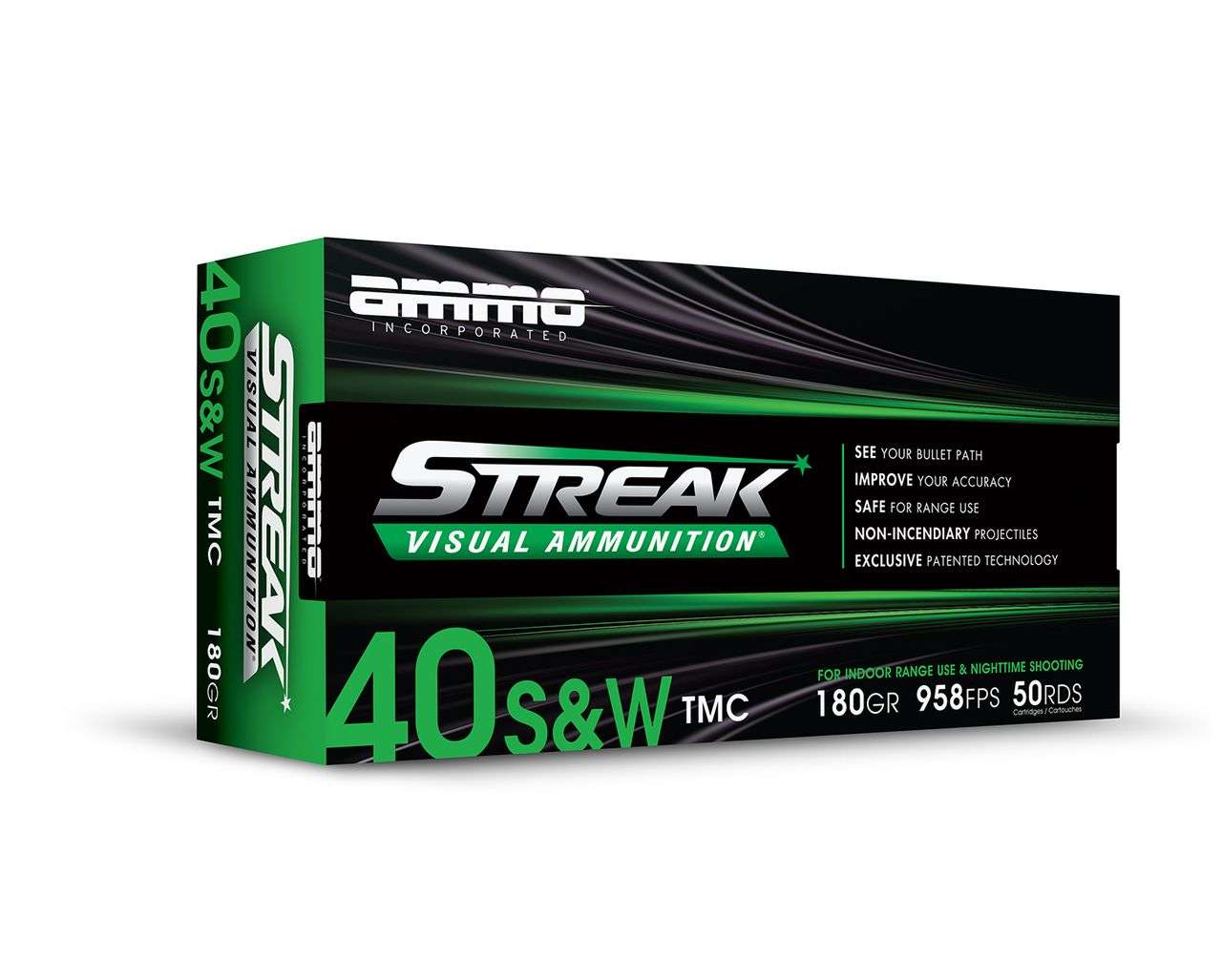 AMMO INC STREAK AMO 40 S&W 180GR JHP GREEN 20RD (10 BOX CASE) - Ammo Inc