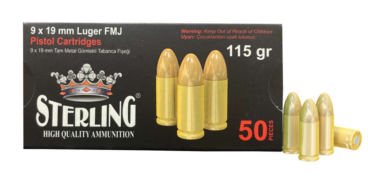 STERLING BRASS CASE AMO 9MM 115GR 50RD (30 BOX CASE) - 