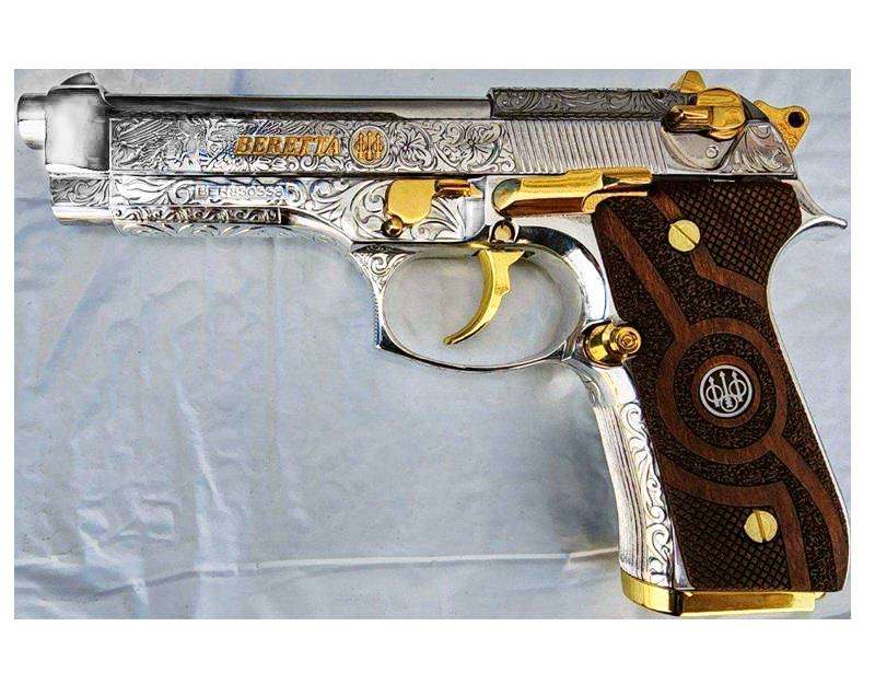 BERETTA 92 HGA 9MM 4.9 BL S HIGH POLISH NICKEL ENGRAVED WITH GOLD ACCENTS WOOD GRIPS 3/15RD MAGS - Beretta Usa