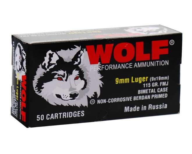 WOLF AMO 9MM 115GR FMJ BIMETAL STEEL CASE 50-RD BOX (20 BOXES PER CASE) - Wolf