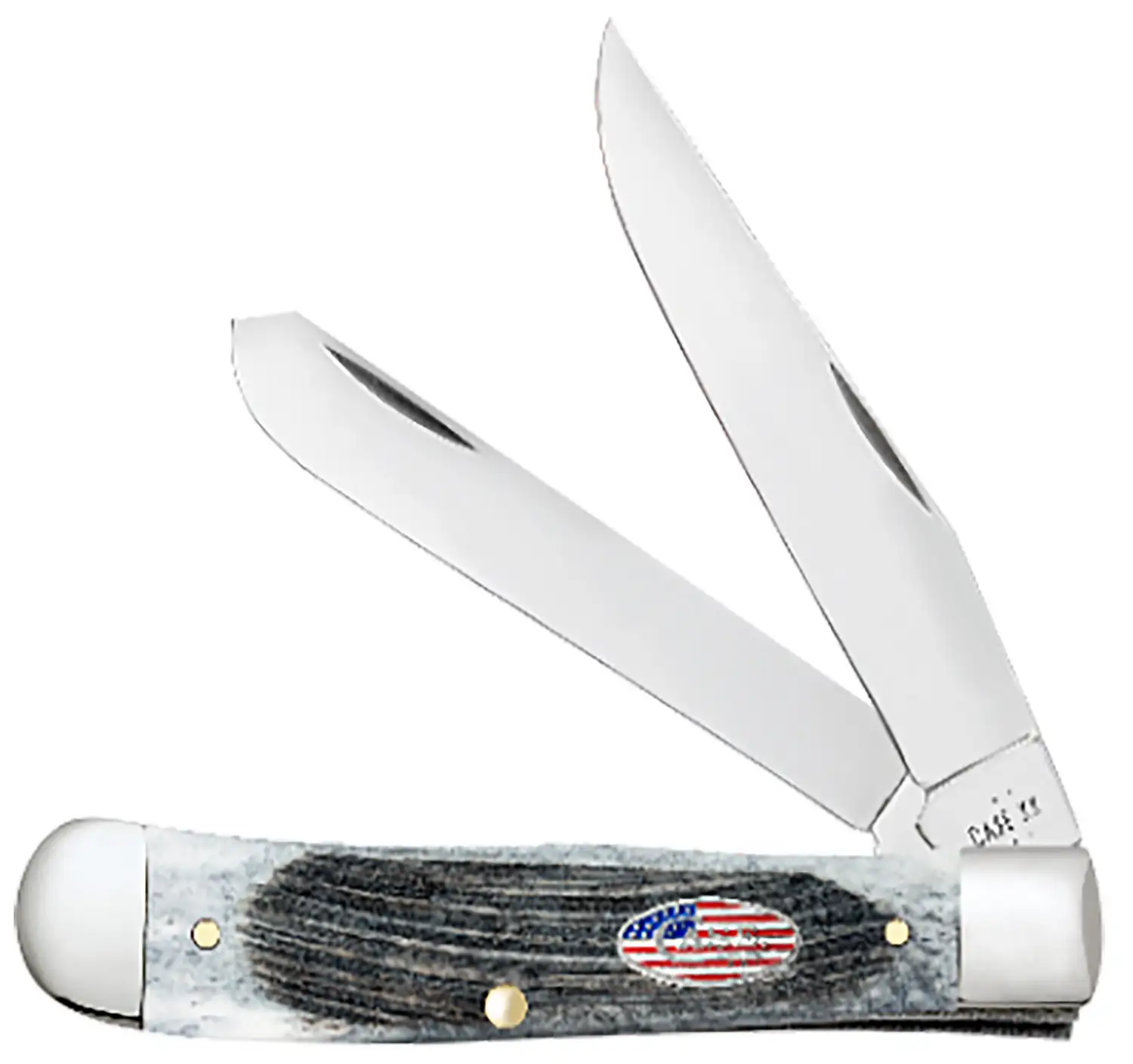 Case 53060 Trapper Stars & Stripes 3.24"/3.27" Folding Clip Point/Spey Plain Mirror Polished Tru-Sharp SS Blade, Sawcut Jig Gray Bone Handle, American Flag Shield - Case