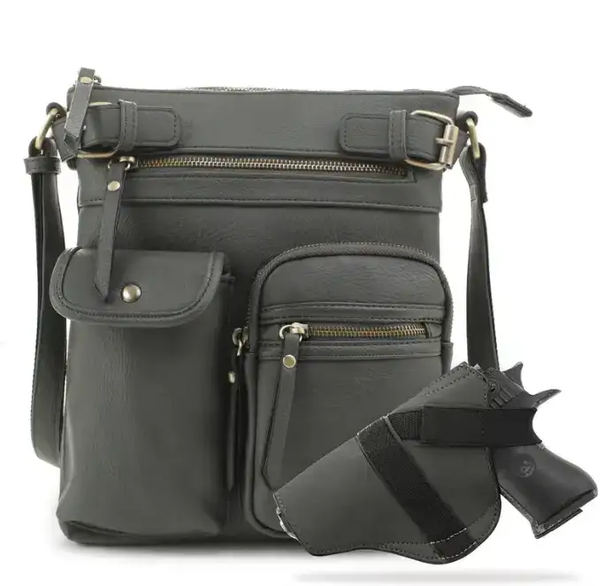 JESSIE & JAMES SHELBY CONCEALED CARRY LOCK AND KEY CROSSBODY HANDBAG 11 H X 9.5 W X 1.5 D ( DK GR ) - Jessie & James Handbags
