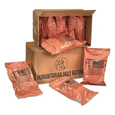 HDR US MILITARY SURPLUS MRE, NO HEATING ELEMENT, HUMANITARIAN, 10 MEALS/CS, 48 CS/PALLET - Humanitarian Daily Ration