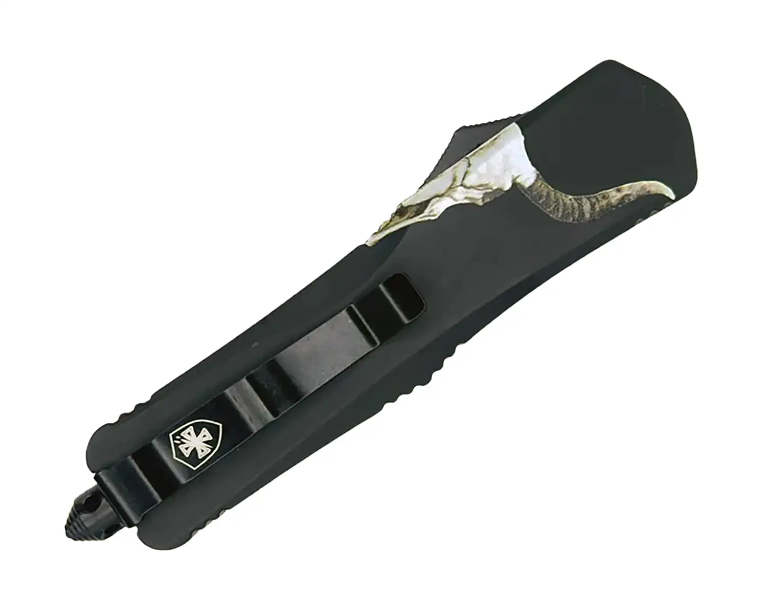 Templar Knife  Gen II Badlands Slim 3.43" OTF Tanto Plain Black Oxide Stonewashed 440C SS Blade, 5.05" Black w/Cattle Skull Aluminum Handle, Glass Breaker - TEMPLAR KNIFE