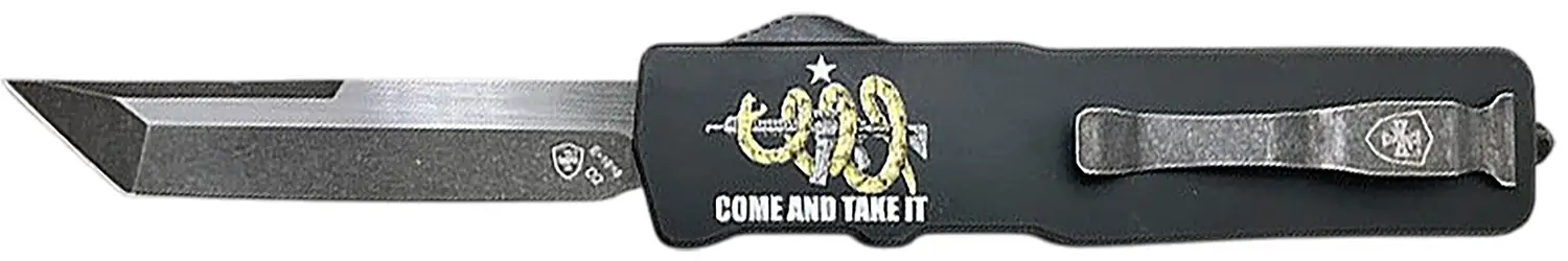 Templar Knife  Excalibur Come And Take It Slim 3.25" OTF Tanto Part Serrated D2 Steel Blade, 5" Black "Come And Take It" Aluminum Handle - TEMPLAR KNIFE