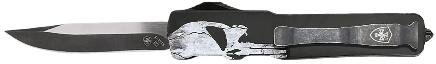 Templar Knife  Excalibur Fallen Small 3" OTF Tanto Plain Black Oxide Stonewashed Powder Coated D2 Steel Blade, 4.50" Black w/Skull Aluminum Handle - TEMPLAR KNIFE