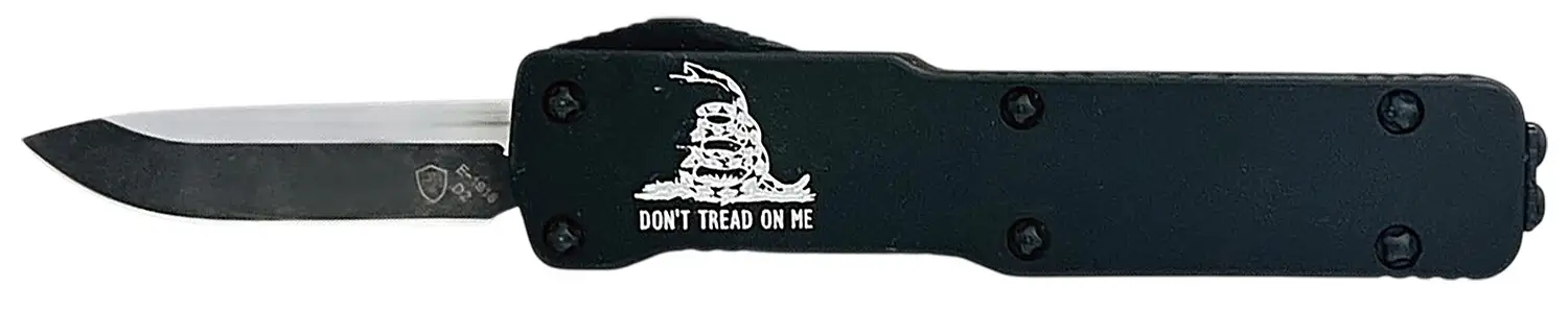 Templar Knife  Premium LW Don't Tread On Me Micro 1.85" OTF Drop Point Plain Black Oxide Stonewashed Powder Coated D2 Steel Blade, 3.50" Black w/"Don't Tread On Me" Aluminum Handle, California Legal - TEMPLAR KNIFE