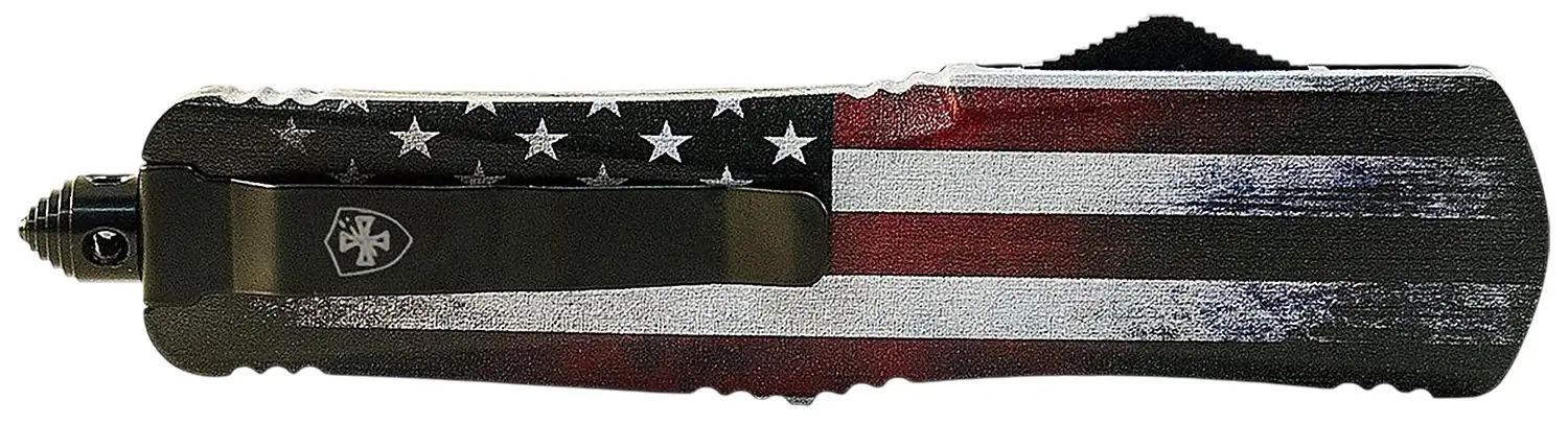 Templar Knife  Gen II US Flag Large 3.50" OTF Dagger Plain Black Oxide Stonewashed 440C SS Blade, 5.50" US Flag Aluminum Handle, Glass Breaker - TEMPLAR KNIFE