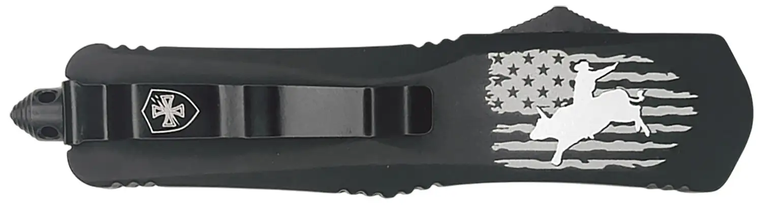 Templar Knife  Gen II Eight Seconds Slim 3.43" OTF Tanto Plain Black Oxide Stonewashed 440C SS Blade, 5.05" Black w/US Flag, Bull Rider Aluminum Handle, Glass Breaker - TEMPLAR KNIFE