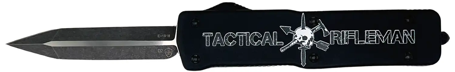 Templar Knife  Premium Weighted Wood US Flag Slim 3" OTF Tanto Part Serrated Black Oxide Stonewashed Powder Coated D2 Steel Blade, 4.50" Painted Wood Grain US Flag Aluminum Zinc Alloy Handle - TEMPLAR KNIFE