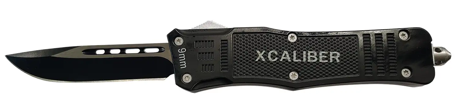Xcaliber Knife Company  9mm  Large 3.80" OTF Drop Point Black 440C SS Blade, 5.30" Steel Handle - Xcalibur