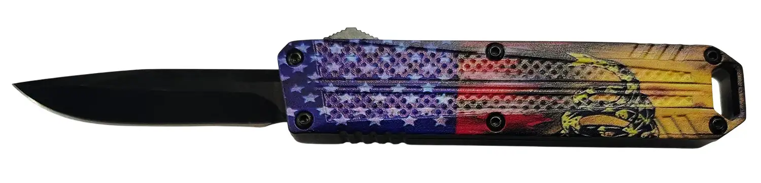 Xcaliber Knife Company  Don't Tread on Me  Small 2.75" OTF Drop Point Plain Black 440C SS Blade, 4.15" US Flag Aluminum Handle - Xcalibur