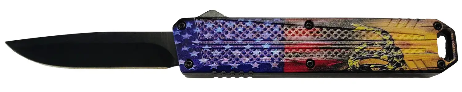 Xcaliber Knife Company  Don't Tread on Me  Medium 3.20" OTF Drop Point Plain Black 440C SS Blade, 4.80" US Flag Aluminum Handle - Xcalibur