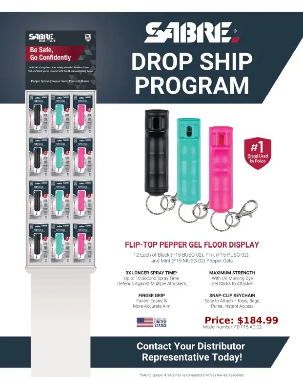 SABRE 36 PIECE FLIP-TOP PEPPER GEL DISPLAY CONTAINS 12 BLACK, 12 PINK AND 12MINT DROP SHIP ONLY FD-F15-AC-02 - Sabre