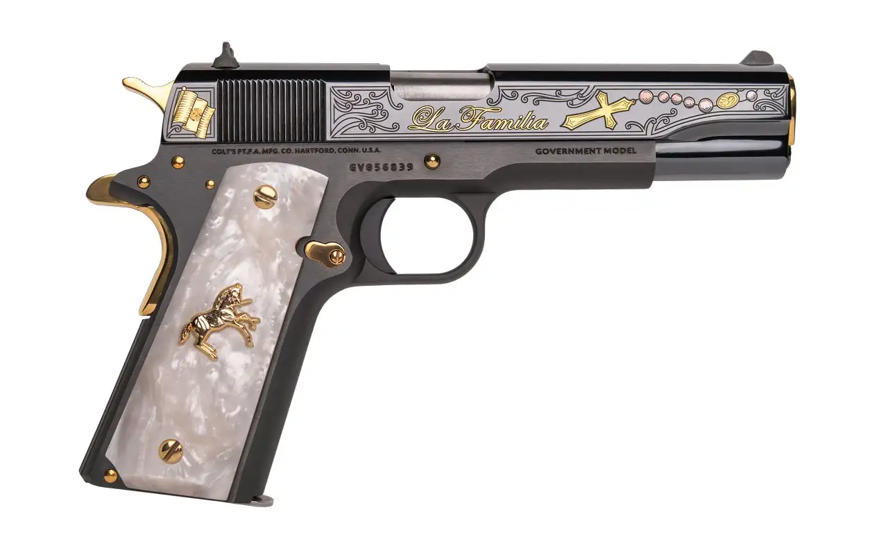 CNC COLT 1911 LA FAMILIA 38 SUP 5IN BARREL 9RD BLUED ENGRAVED 1 OF