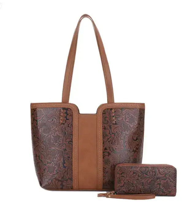 JESSIE & JAMES CASSIDY CONCEALED CARRY TOTE BAG W MATCHING WALLET 11.75 H X 12.5 W X 5.5. D BROWN - Jessie & James Handbags