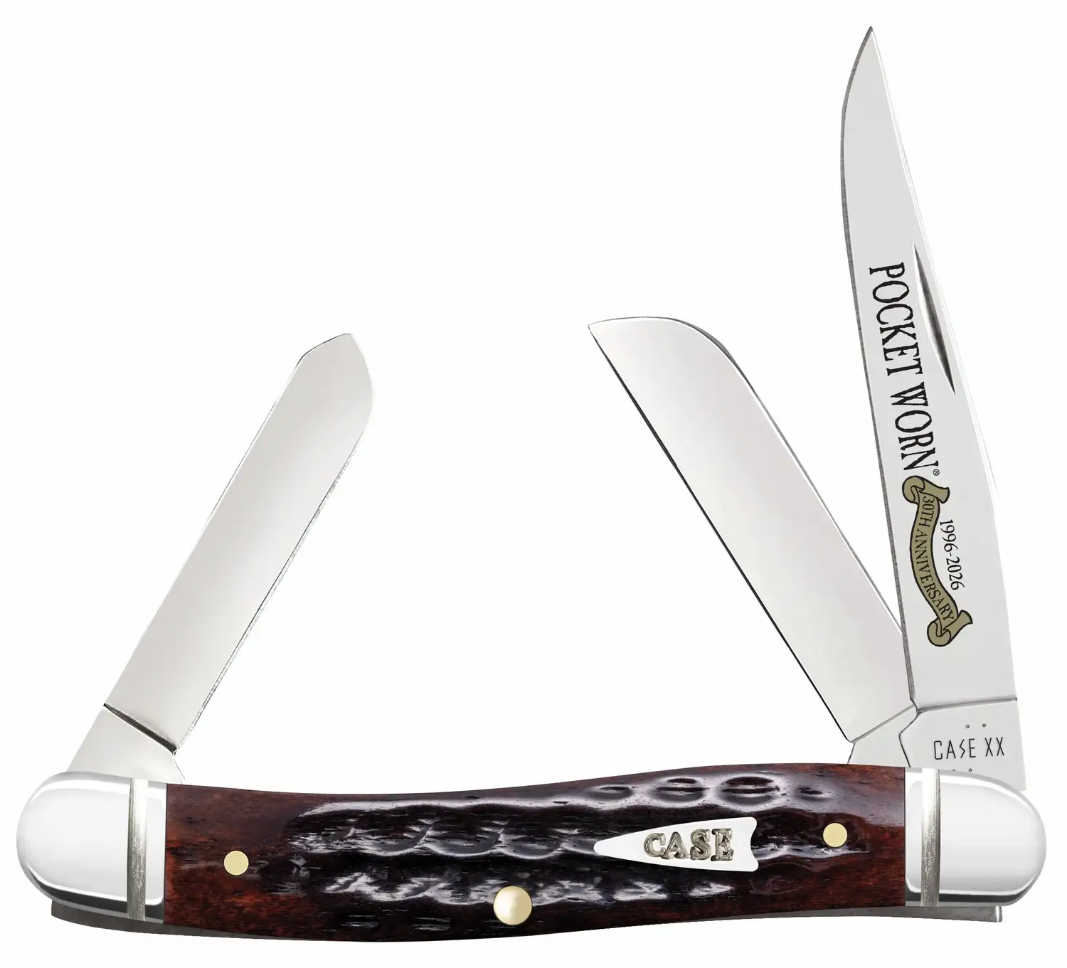 Case 55232 Pocket Worn Stockman Medium Folding Clip Point/Pen/Sheepsfoot Plain Tru-Sharp SS Blade, Mahogany Corn Cob Jigged Bone Handle - Case Knives
