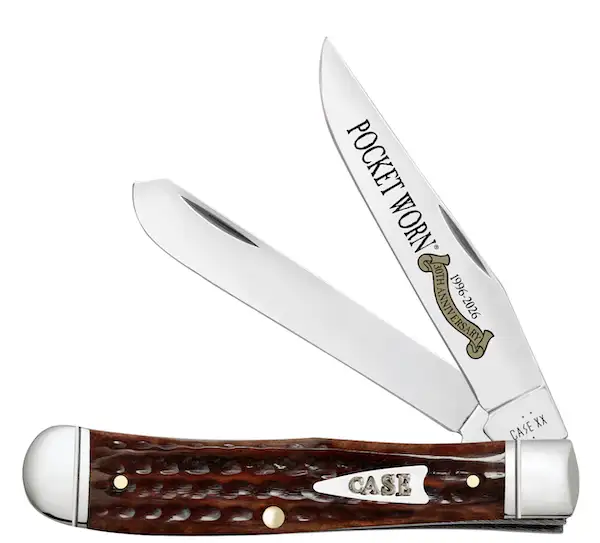 Case 55230 Pocket Worn Trapper Folding Clip Point/Spey Plain Mirror Polished Tru-Sharp SS Blade, Corn Cob Jigged Mahogany Bone Handle - Case Knives