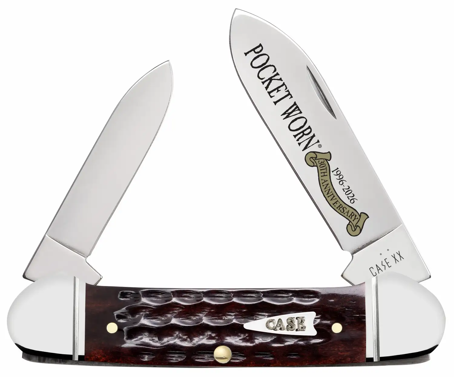 Case 55235 Pocket Worn Canoe Folding 2" Pen/2.63" Spear Plain Tru-Sharp SS Blade, Mahogany Corn Cob Jigged Bone Handle - Case Knives