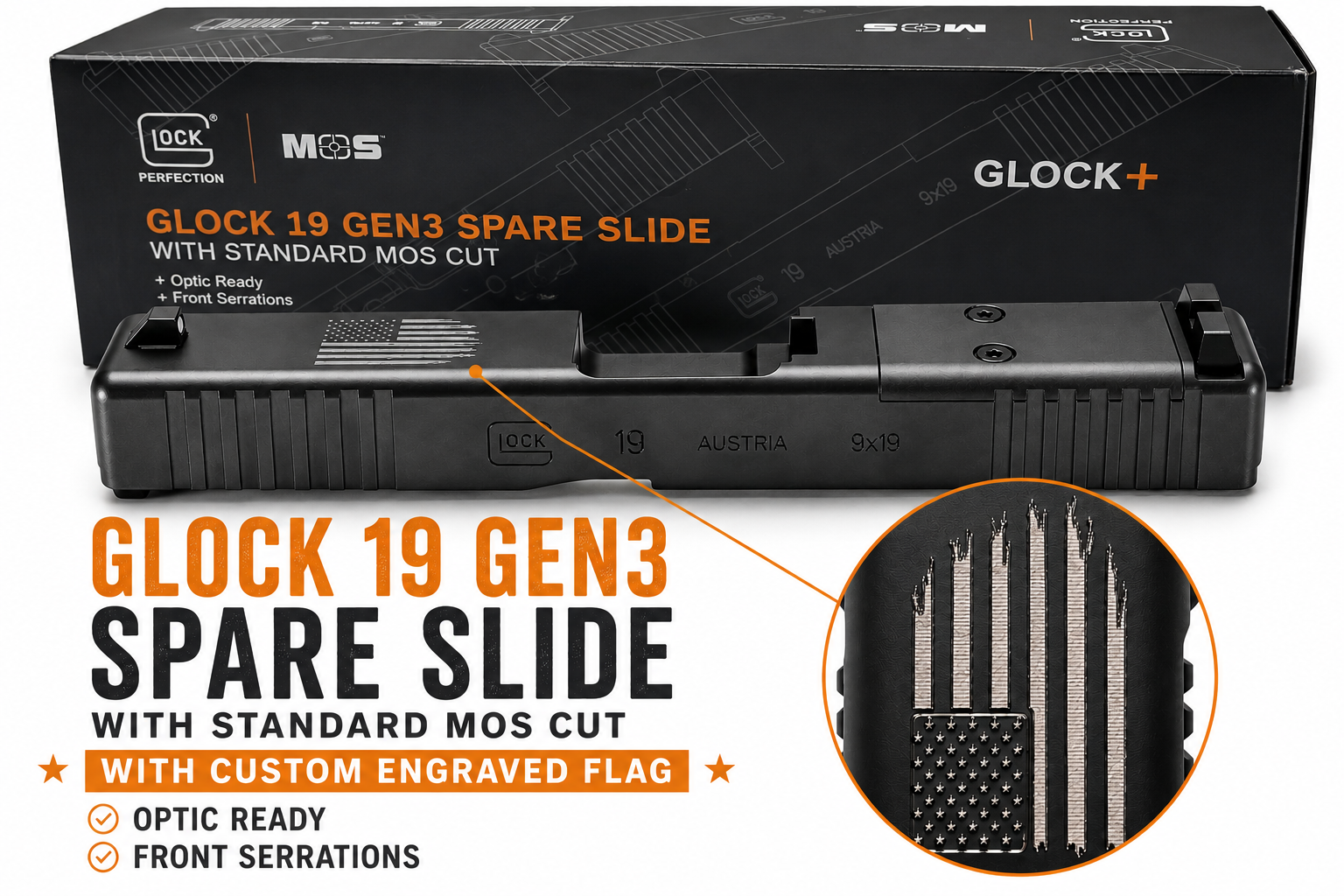 GLOCK SLIDE ONLY SILVER DISTRESSED FLAG G19 (GEN3/MOS/FS) 79008 DTFLAG CAMFOUR EXCLUSIVE - Glock