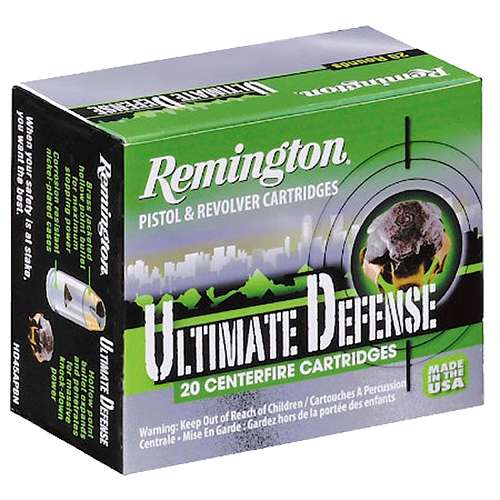 Remington Ultimate Defense .40 S&W Ammo, 165 gr BJHP, 20 Rounds, Full-Size Handgun, Nickel Plated Brass