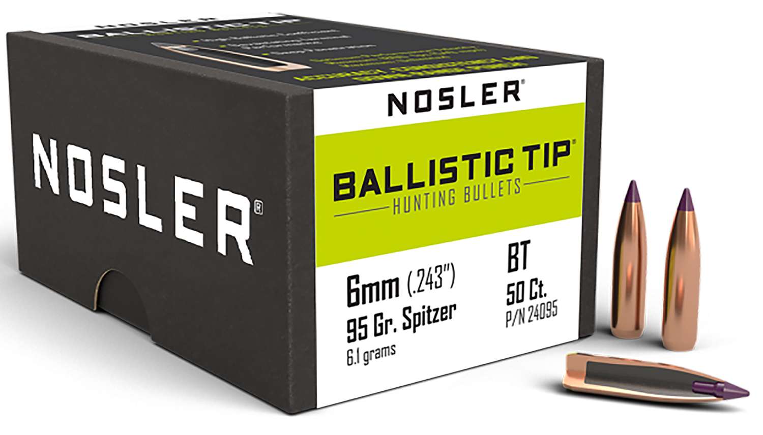 Nosler 24095 Ballistic Tip Hunting 6mm .243 95 GR Spitzer 50 Per Box