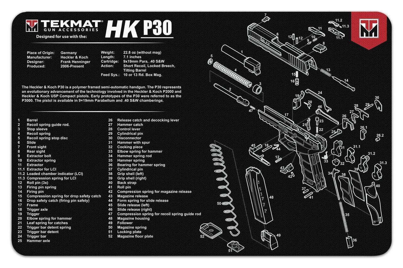 TekMat Gun Cleaning Mat HK P30 Parts Diagram 11" x 17" Black-img-0