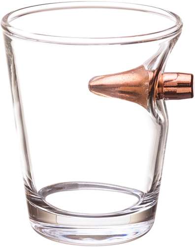 2 MONKEY TRADING BULLET SHOT GLASS 308 PROJECTILE IN THE SIDE OF GLASS - 2 Monkey Trading