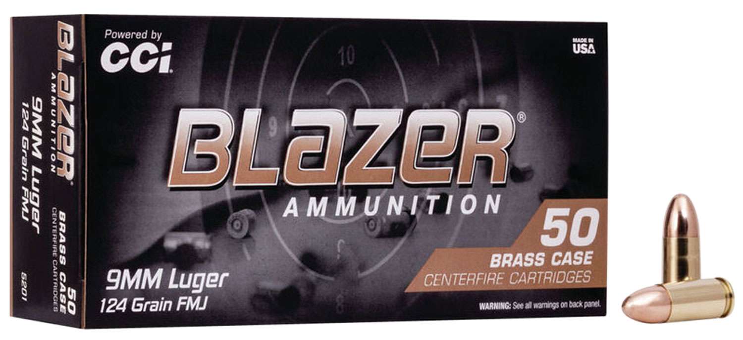CCI 5201 Blazer Brass 9mm Luger 124 gr Full Metal Jacket (FMJ) 50 Bx