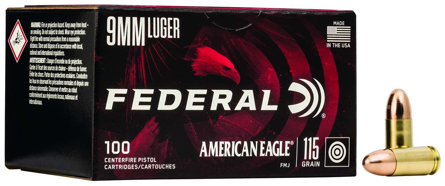 Federal AE9DP100 American Eagle  9mm Luger 115 gr Full Metal Jacket (FMJ) 100 Round Box