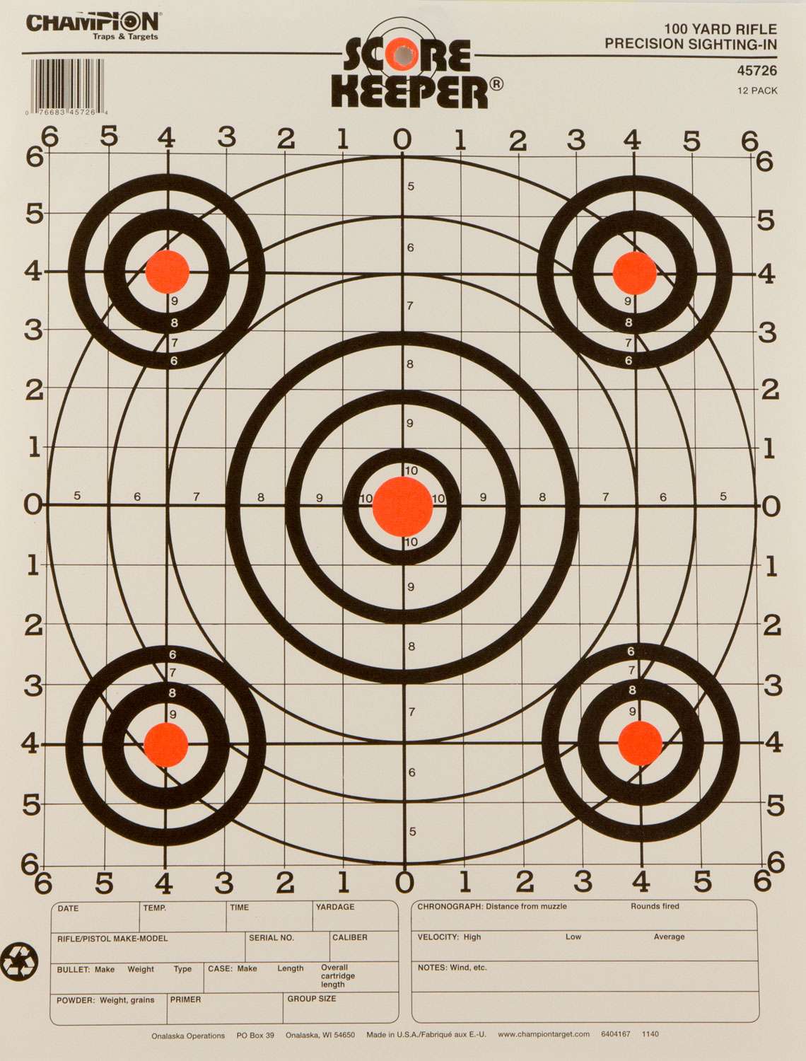 Champion Targets 45726 Scorekeeper 100yd SightIn Bullseye Hanging