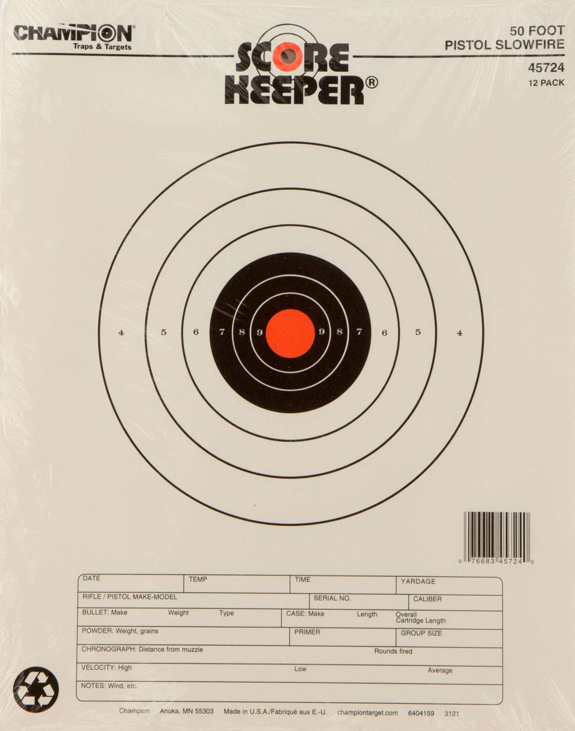 Champion Targets 45724 Scorekeeper 50ft Pistol Slowfire Bullseye Hanging Paper Target 11