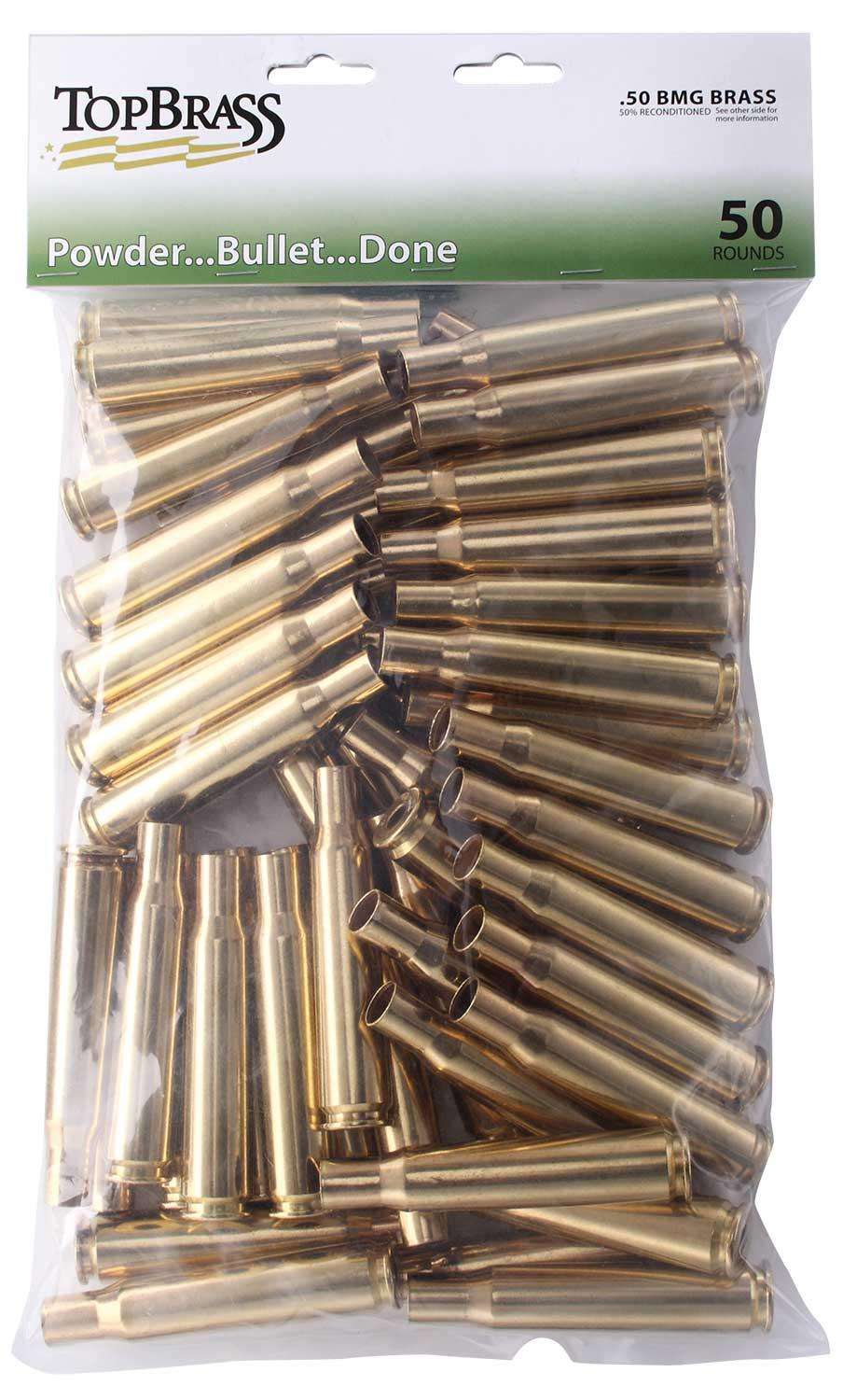 TOP BRASS LLC 3B050BMGMY-50 Premium Reconditioned Unprimed 50 Cal Brass 50  Per Bag