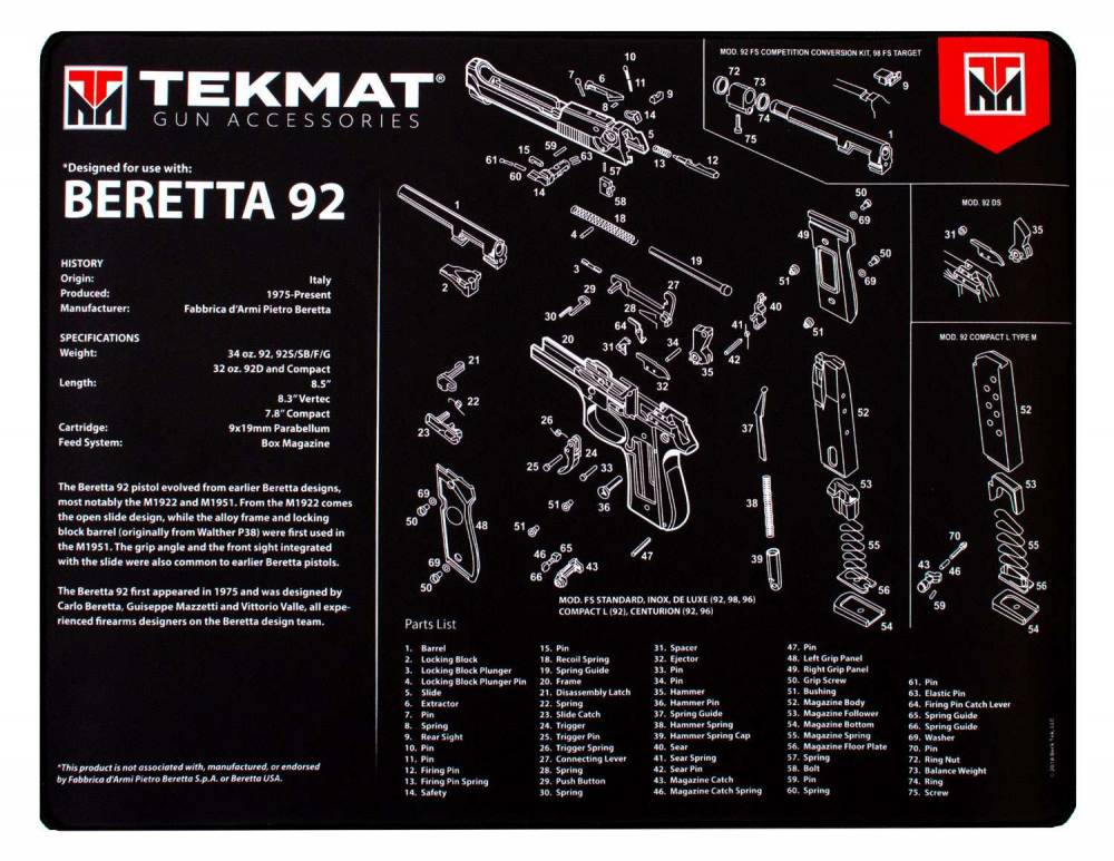 TekMat TEKR20BER92 Ultra Premium Cleaning Mat Beretta 92 Parts Diagram 15  x 20