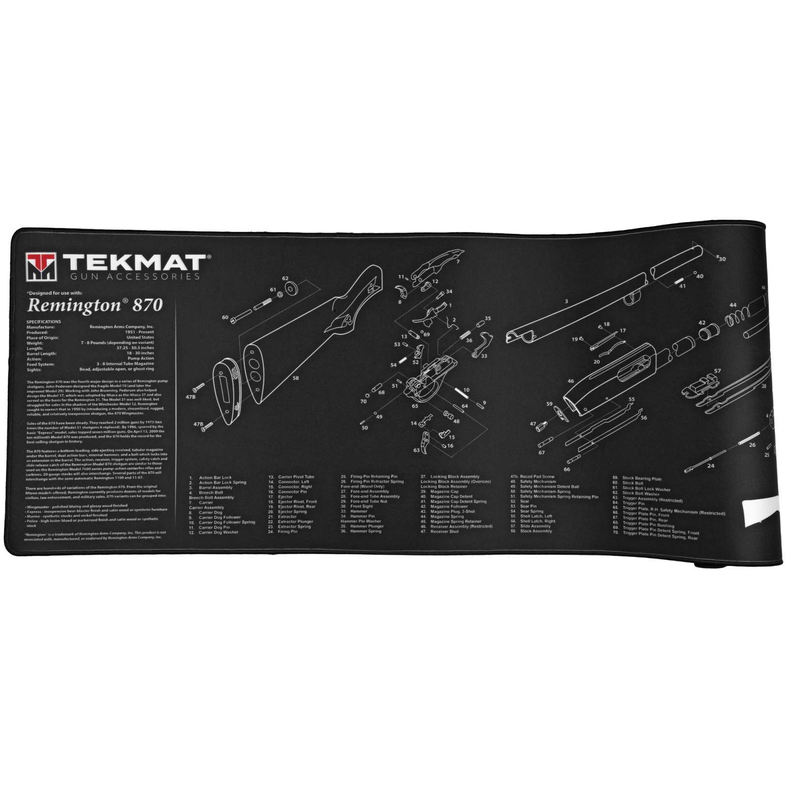 TekMat Ultra Premium Cleaning Mat Remington 870 Parts 15"x44" Black-img-0