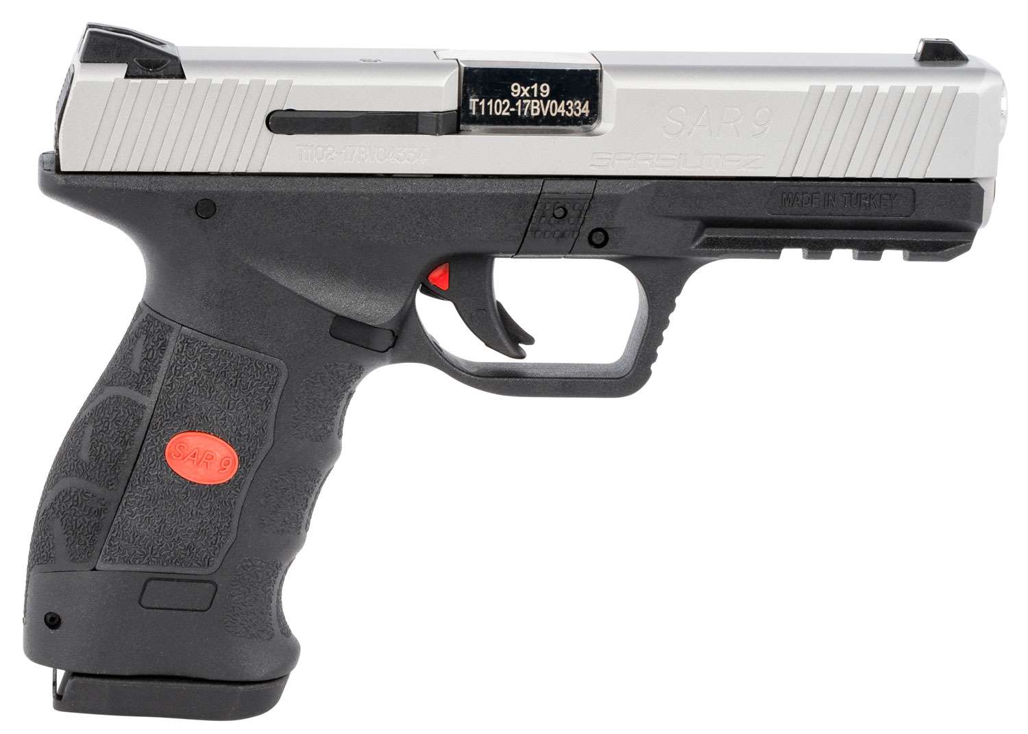 SAR USA SAR9ST10 SAR9 9mm Luger Caliber with 4.40" Barrel, 10+1 Capacity, Black Finish Picatinny Rail Frame, Serrated Stainless Steel Slide & Finger Grooved Interchangeable Backstrap Grip