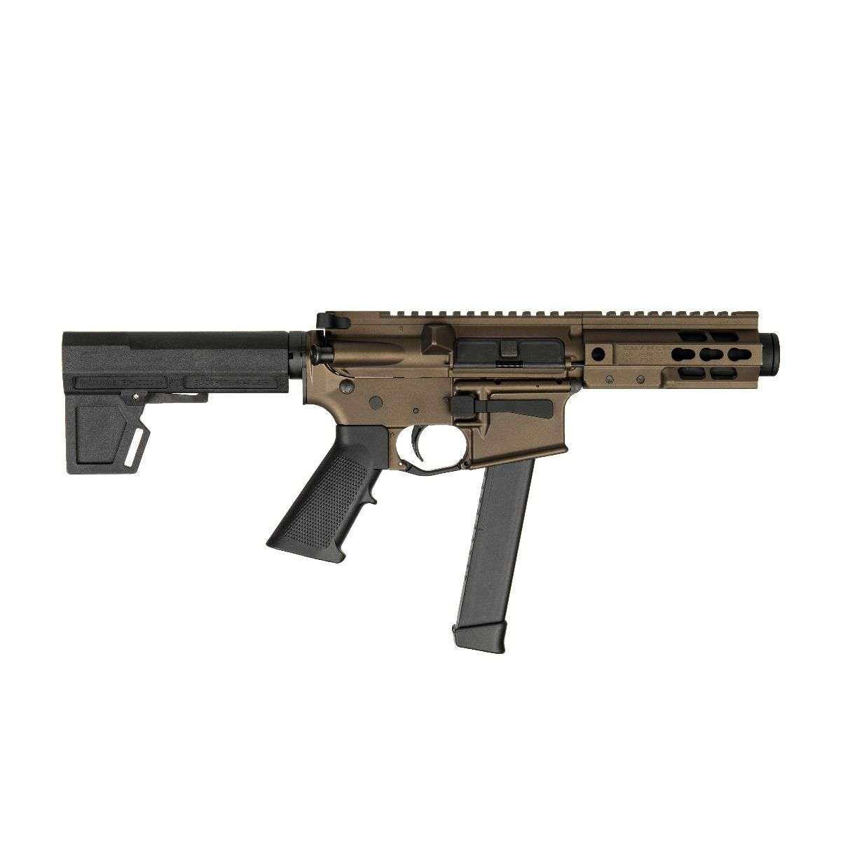 Brigade BM9 forged 9MM AR 5.5" Midnight Bronze pis 5" Urail M-2 adjustable stock KAK pistol brace Uses 33 Round Glock Style Magazine