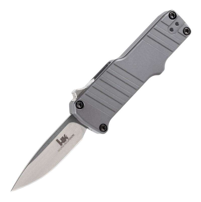 HK Micro Incursion 1.95" Out the Front Automatic Clip Point Blade Tumbled Finish Aluminum Frame - Matte Grey - Hogue