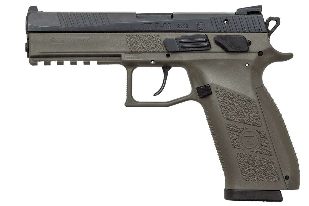 CZ-USA 89268 P-09 9mm Luger 4.54" 19+1 OD Green Finish Frame with Inside Railed Black Steel Slide, Stippled Interchangeable Backstrap Grip & Picatinny Rail