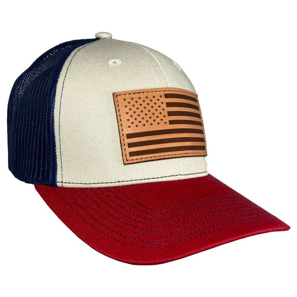 Outdoor Cap Stone/Navy/Cardinal Trucker w/ USA Flag Leather Patch ...