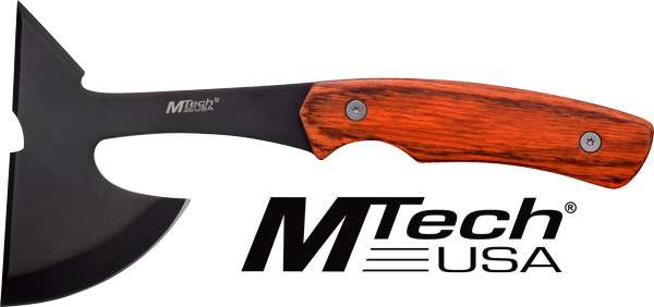 MC MTECH 9" TOMAHAWK W/SHEATH 3" BLACK BLADE PAKKAWOOD HNDL - 