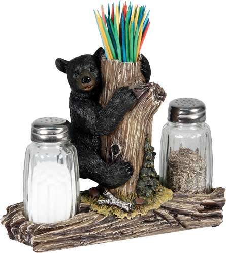 RIVERS EDGE BEAR HOLDING GLASS SALT & PEPPER SHAKERS W/THTPCK - 