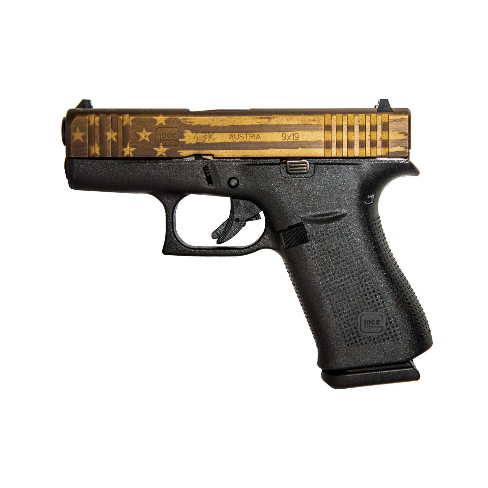 GLOCK 43X G43X HGA 9MM 3.26 IN BBL FS 5LB 2 10RD MAGS CERAKOTE ELITE BRONZE BATTLE FLAG SLIDE - Glock