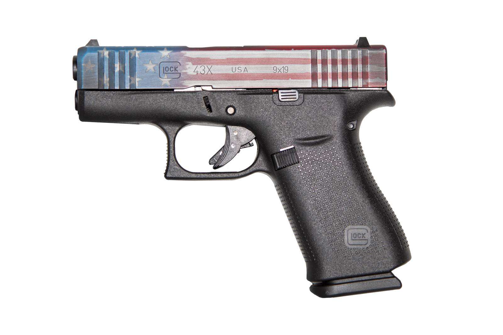 GLOCK 43X G43X HGA 9MM 3.26 IN BBL FS 5LB 2 10RD MAGS CERAKOTE DISTRESS RED WHITE & BLUE FLAG SLIDE - Glock