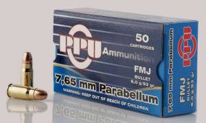 PPU PPH765P Handgun  7.65 Parabellum 93 gr Full Metal Jacket (FMJ) 50 Bx/ 20 Cs