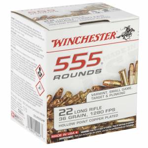 Winchester Ammo 22LR555HP USA  22 LR 36 gr Copper Plated Hollow Point (CPHP) 555 Can/ 10 Cs